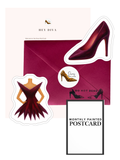 Packaging for a 'Hey Diva' shoe and dress-themed product with a red envelope and postcard.