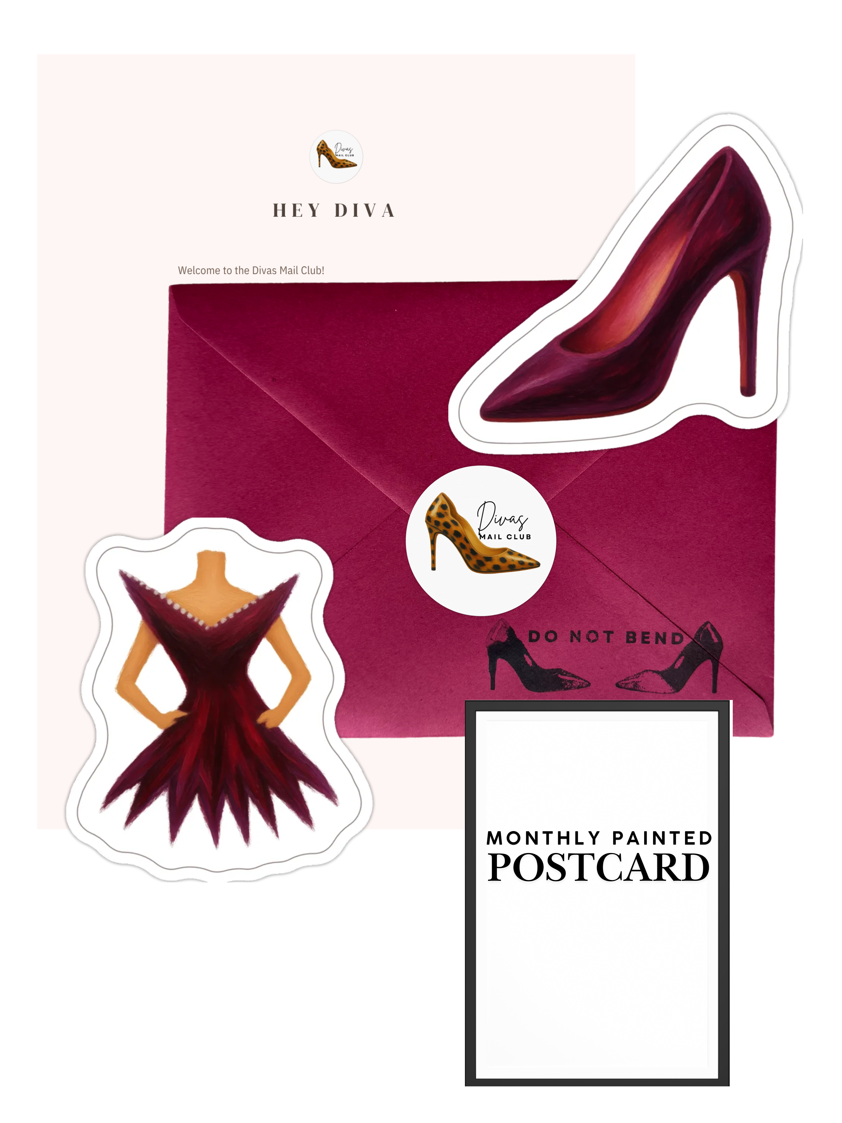 Packaging for a 'Hey Diva' shoe and dress-themed product with a red envelope and postcard.
